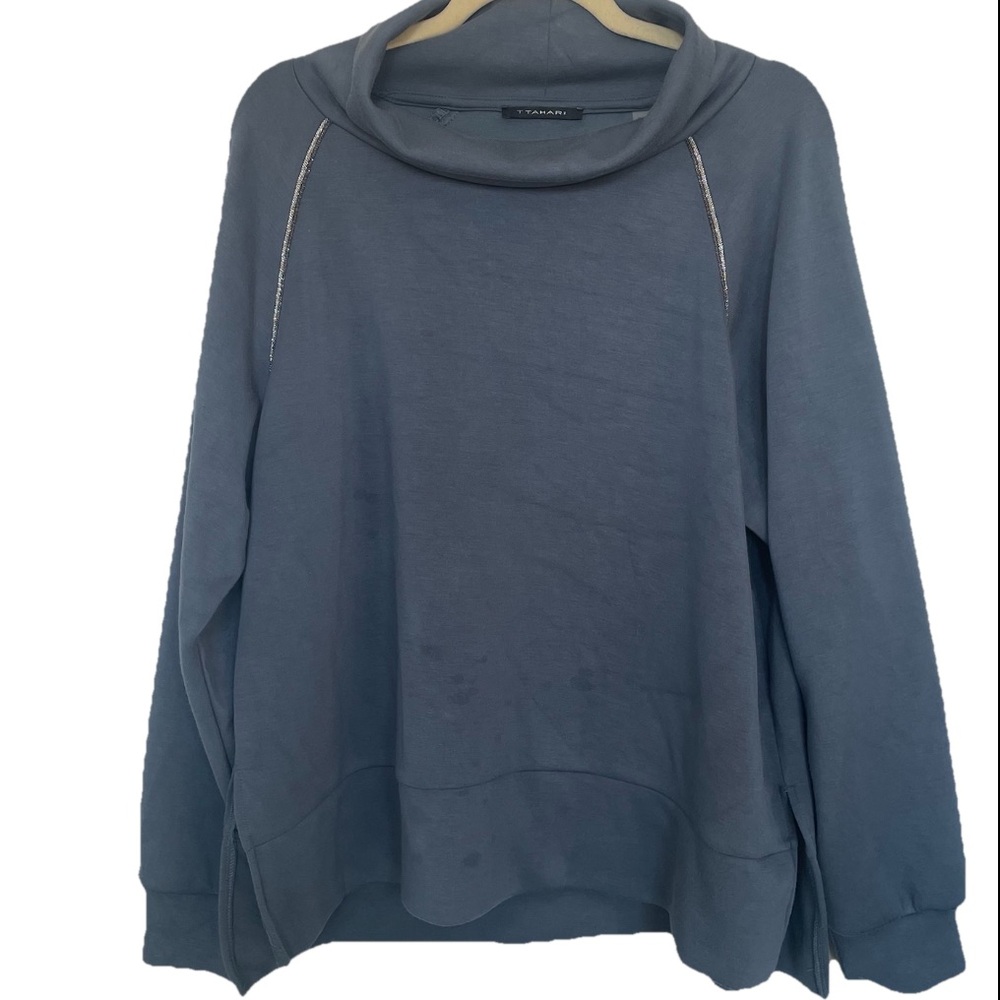 T by Tahari Woman XL Blue Cozy Pullover Top Soft Beading Quiet Luxury Lagenlook